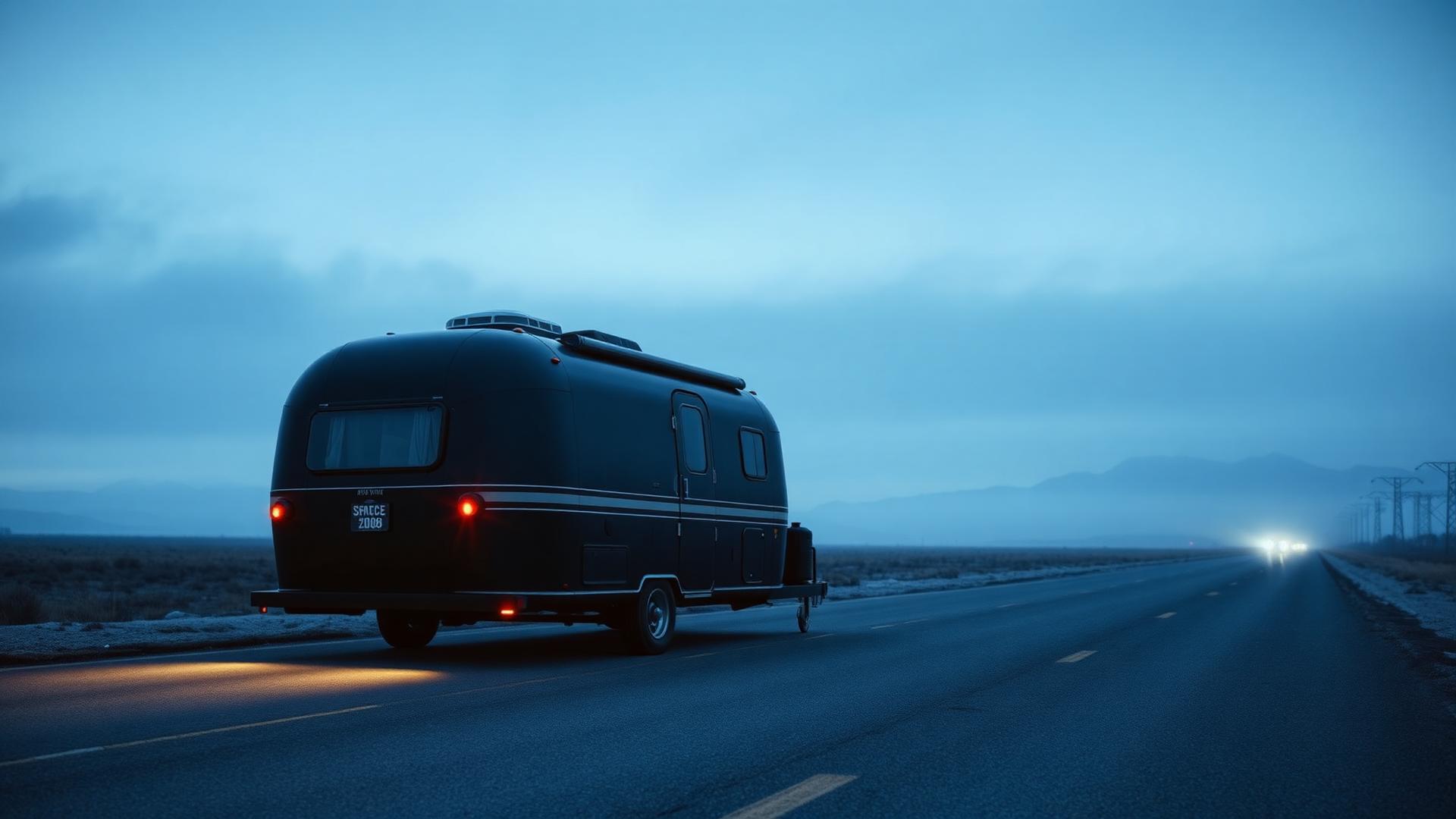 A matte black mobile business trailer at dawn on an open road